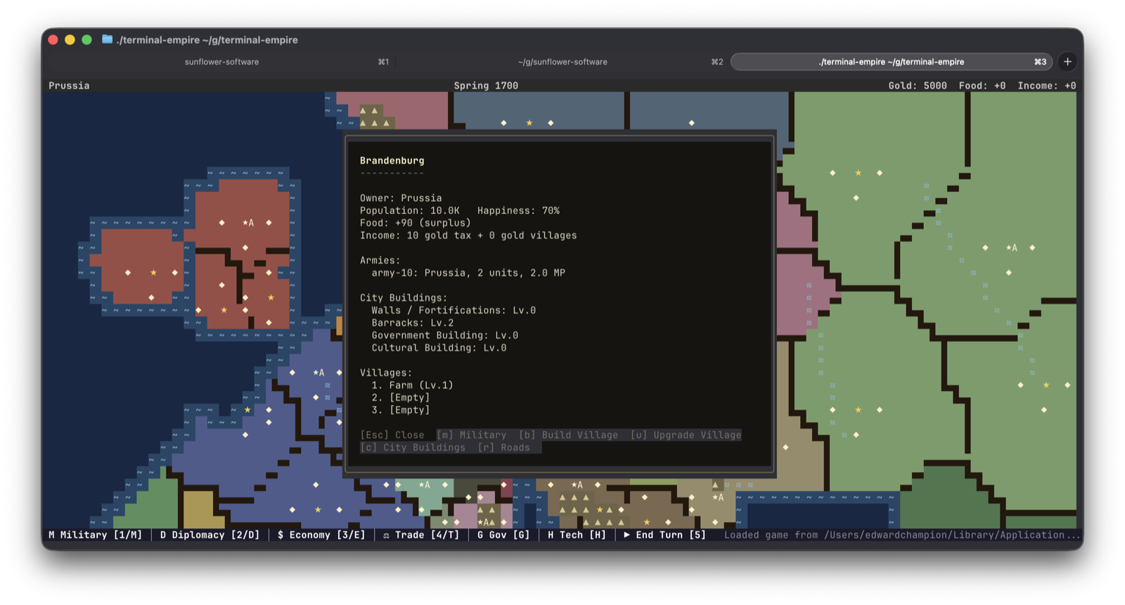 Terminal Empire territory detail dialog for Brandenburg, showing owner, population, happiness, food balance, income, armies present, city buildings (Walls, Barracks, Government Building, Cultural Building), and three village slots.