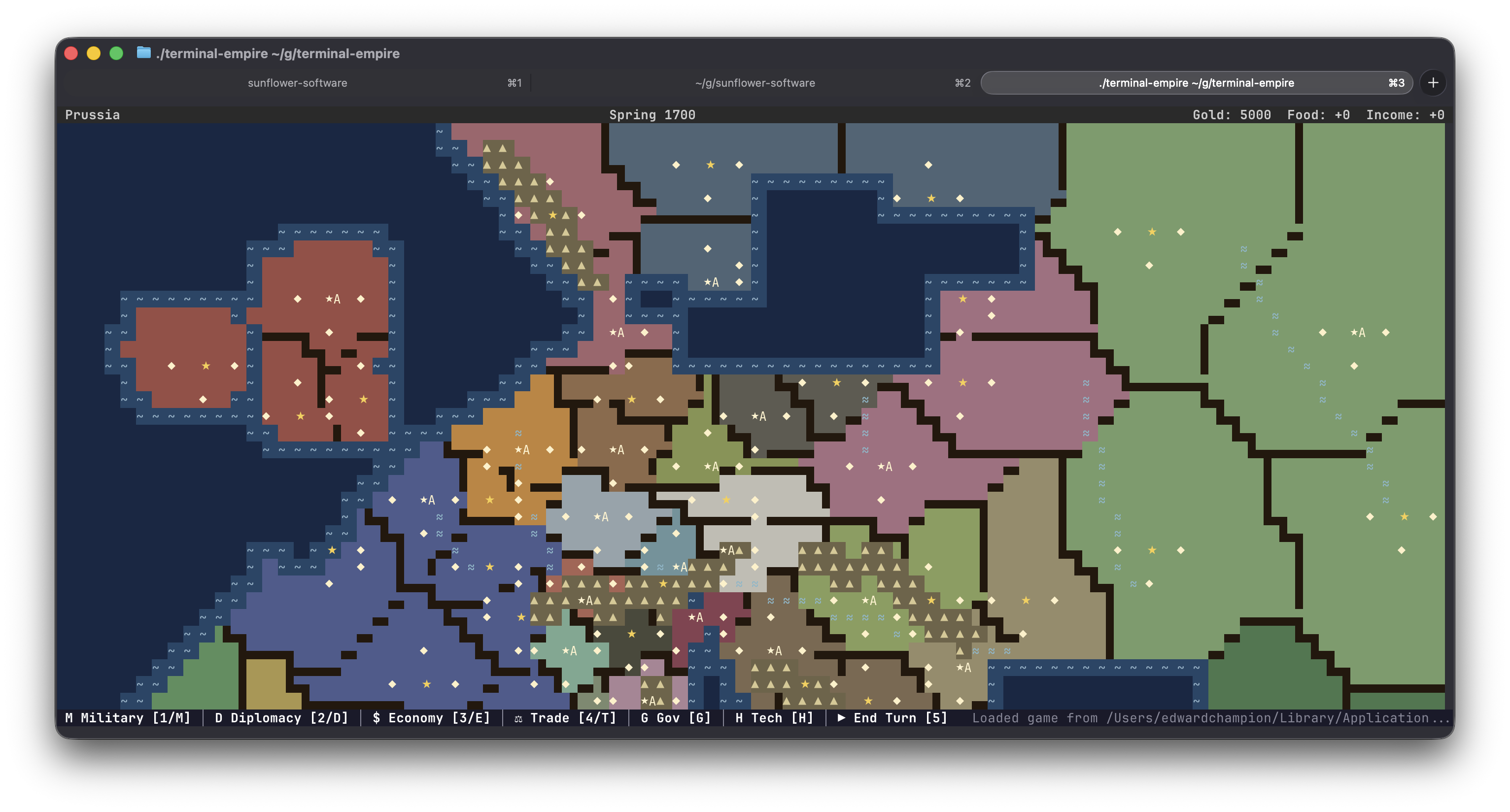 Terminal Empire main campaign map showing Prussia, Europe, territories, rivers, and keyboard controls